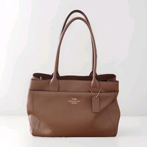 COACH Casey F31474 Tote Bag Purse Crossgrain Leather Large Logo Brown EUC‎ CLEAN